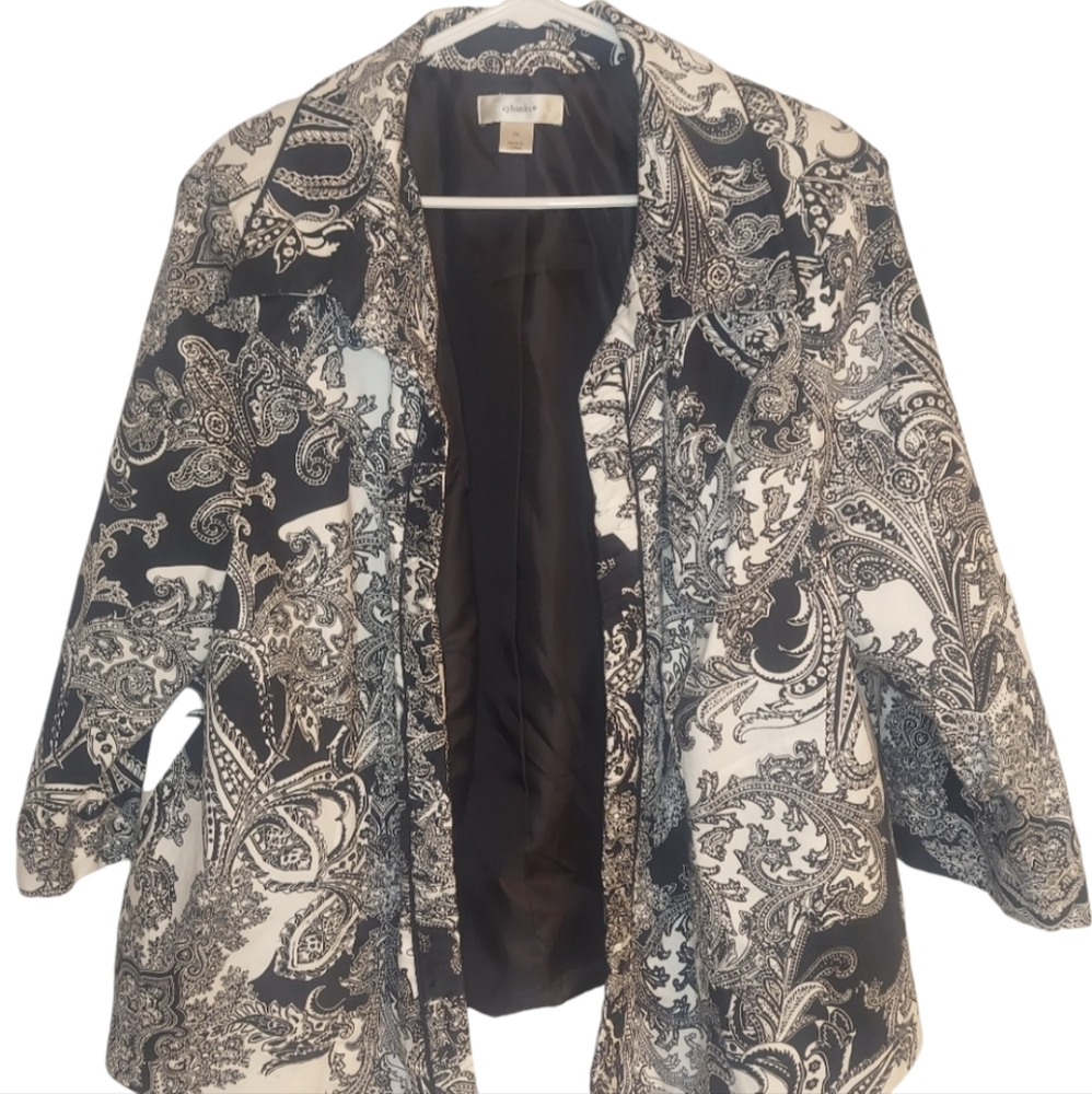 CJ Banks Open Front 3/4 Sleeve Lined B & W Paisley Cotton Blend Jacket 2X